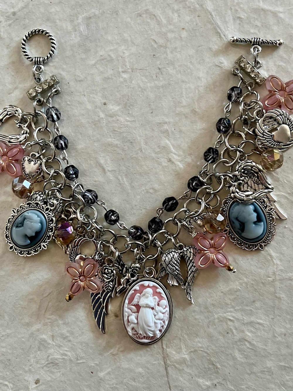 Angel & Cameo Charm Bracelet Pink Gray Jet Crystals
